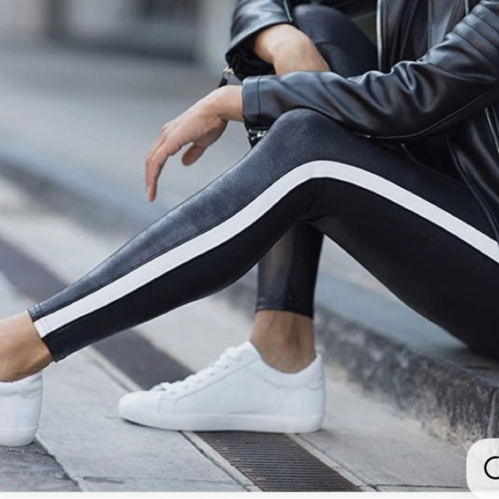 Spanx Black and White Striped Leggings faux leather